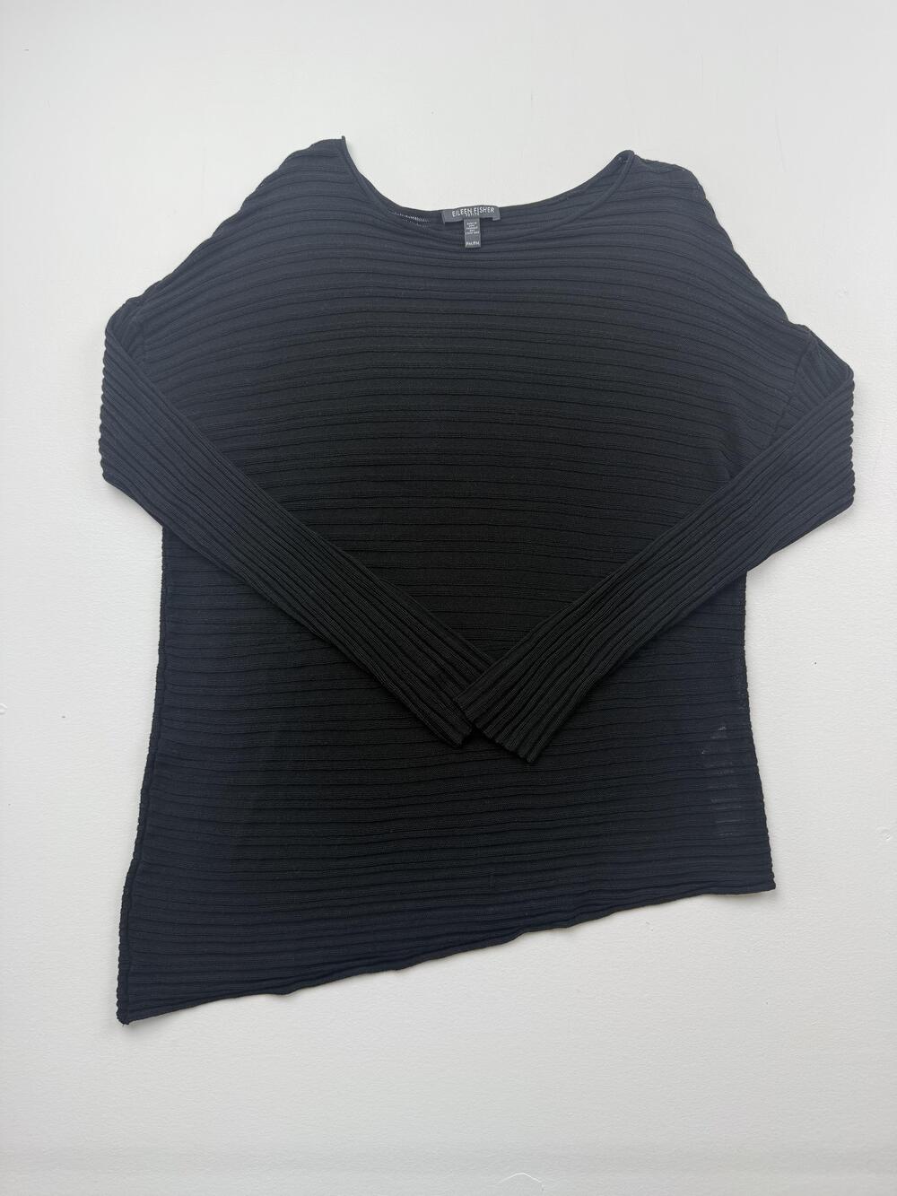 Eileen Fisher Blouse Womens PM Petite Black Boat Neck Tunic Ribbed Knit Top